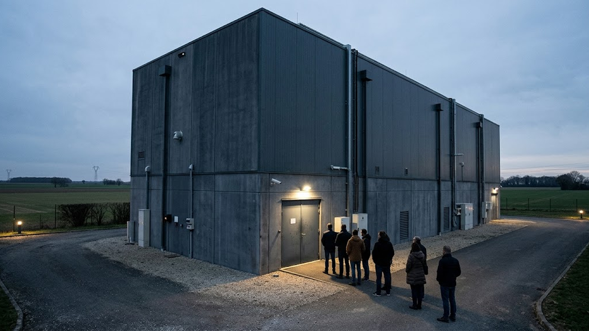A big windowless datacentre on farmland at dusk, with a small queue of people seen from behind waiting outside a closed steel door.